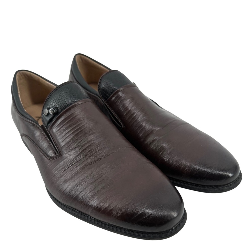 Aldo Conti Loafers Mens 9 Brown Slip On‎ Dress Shoes Black Detail Formal Casual
